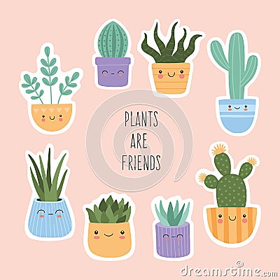 Stickers set of cute succulents cactus with smiling face, Mexican tropical home plants big collection Vector Illustration